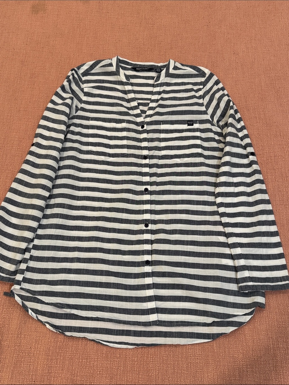 Women's size 5 / 6 Striped Button-Down Shirt — blue & White with sleeve tie ups